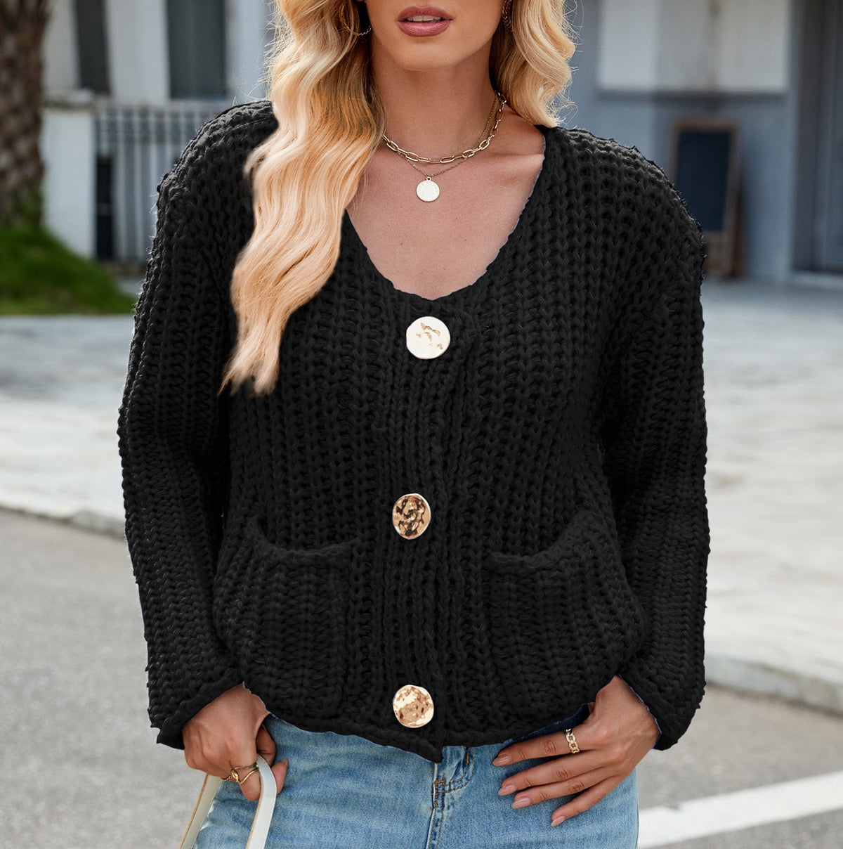 Ribbed Knit Cardigan With Patch Pockets - Black