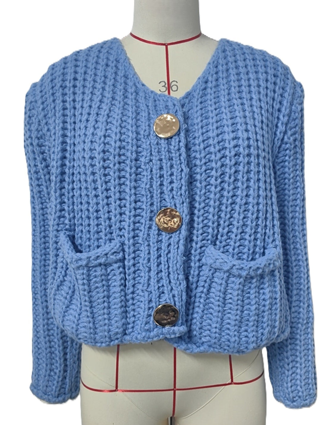 Ribbed Knit Cardigan With Patch Pockets - Blue