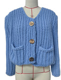 Ribbed Knit Cardigan With Patch Pockets - Blue