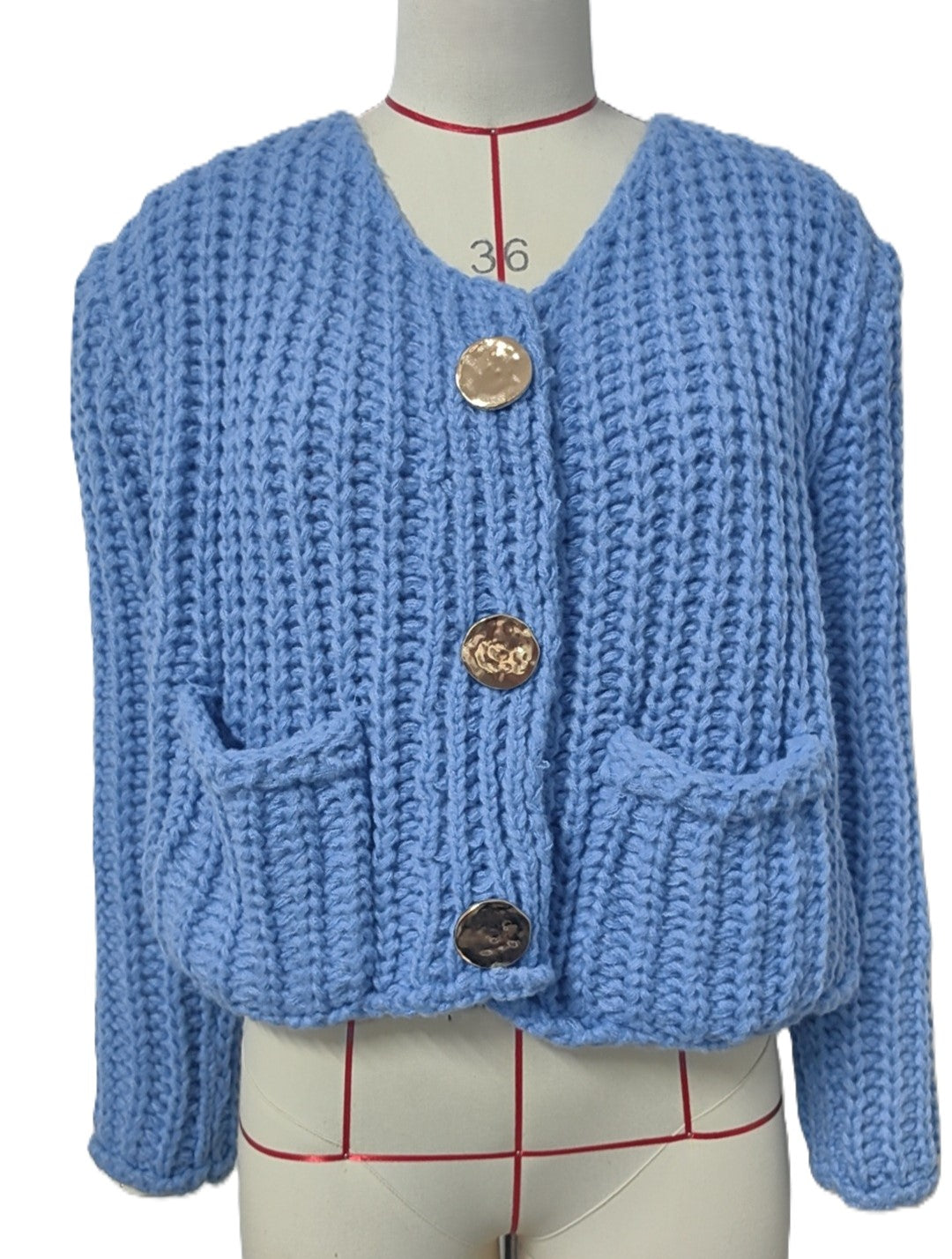 Ribbed Knit Cardigan With Patch Pockets - Blue