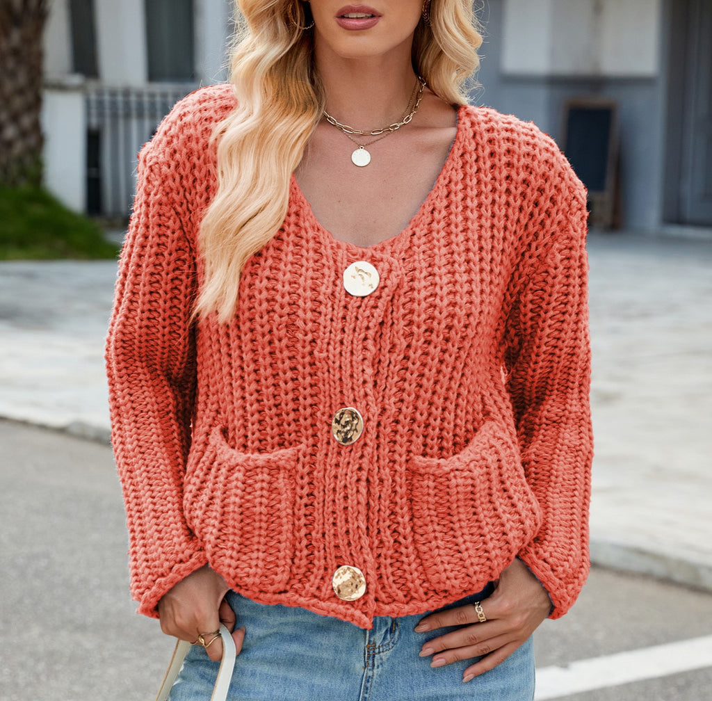 Ribbed Knit Cardigan With Patch Pockets - Orange
