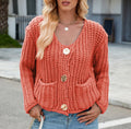 Ribbed Knit Cardigan With Patch Pockets - Orange