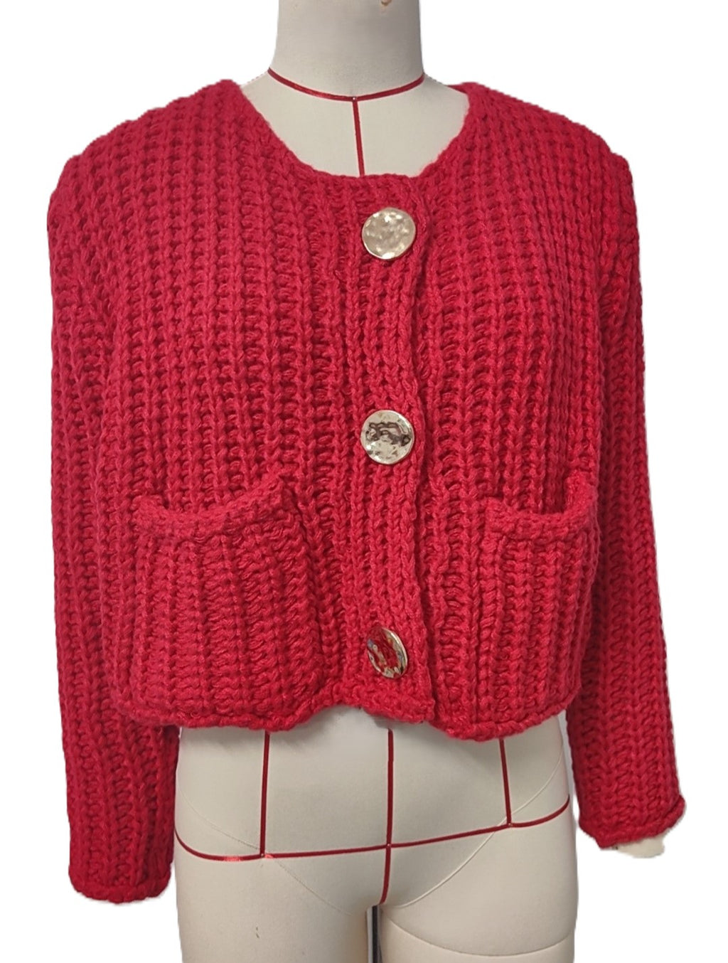 Ribbed Knit Cardigan With Patch Pockets - Red