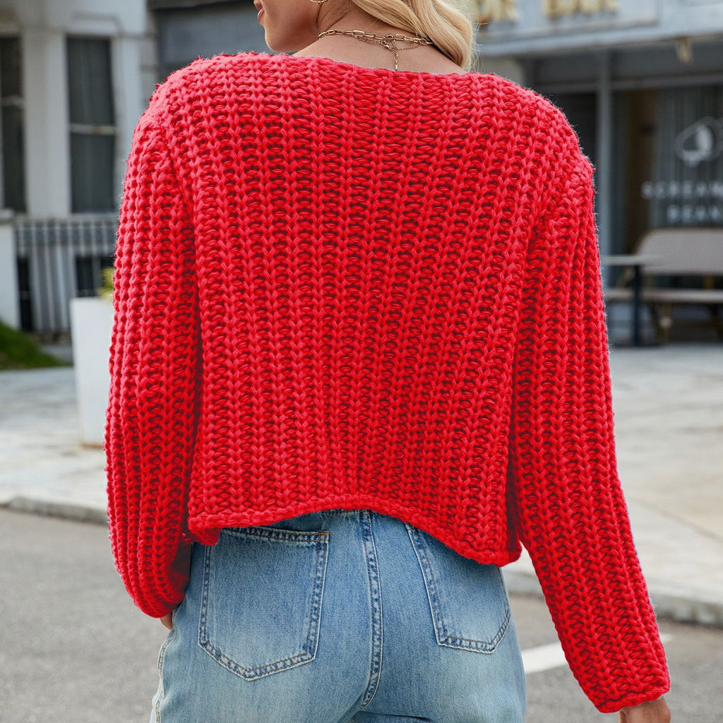 Ribbed Knit Cardigan With Patch Pockets - Red - 2