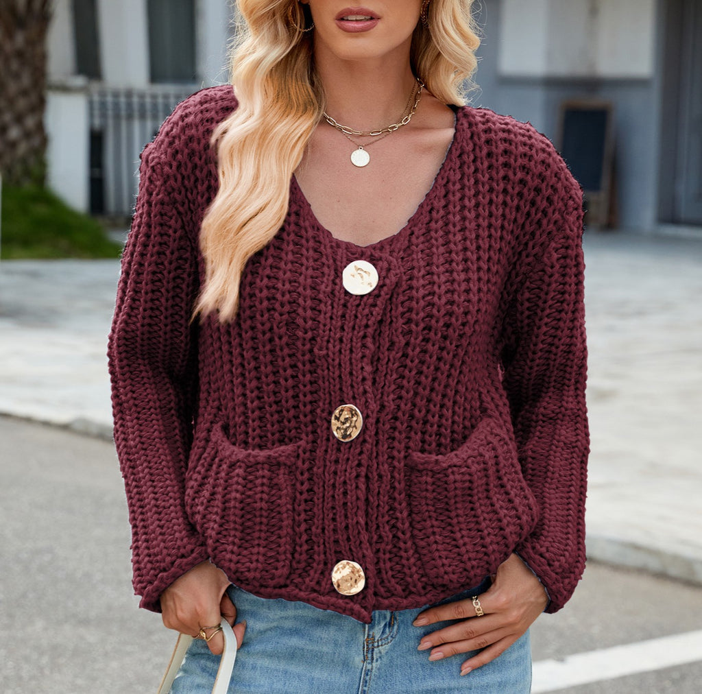 Ribbed Knit Cardigan With Patch Pockets - Winered