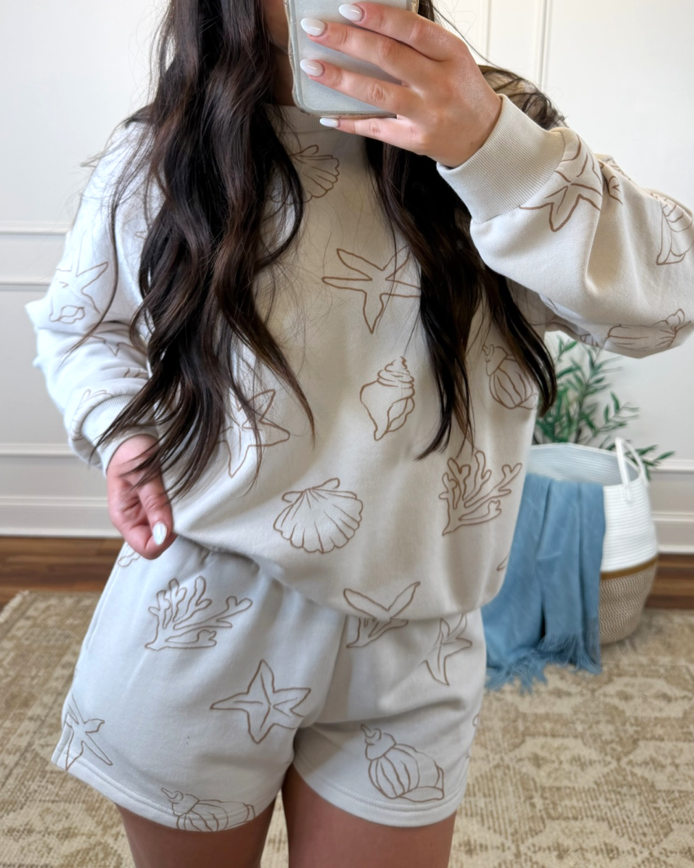 Seashell Motif Sweatshirt and Short Set - Beige