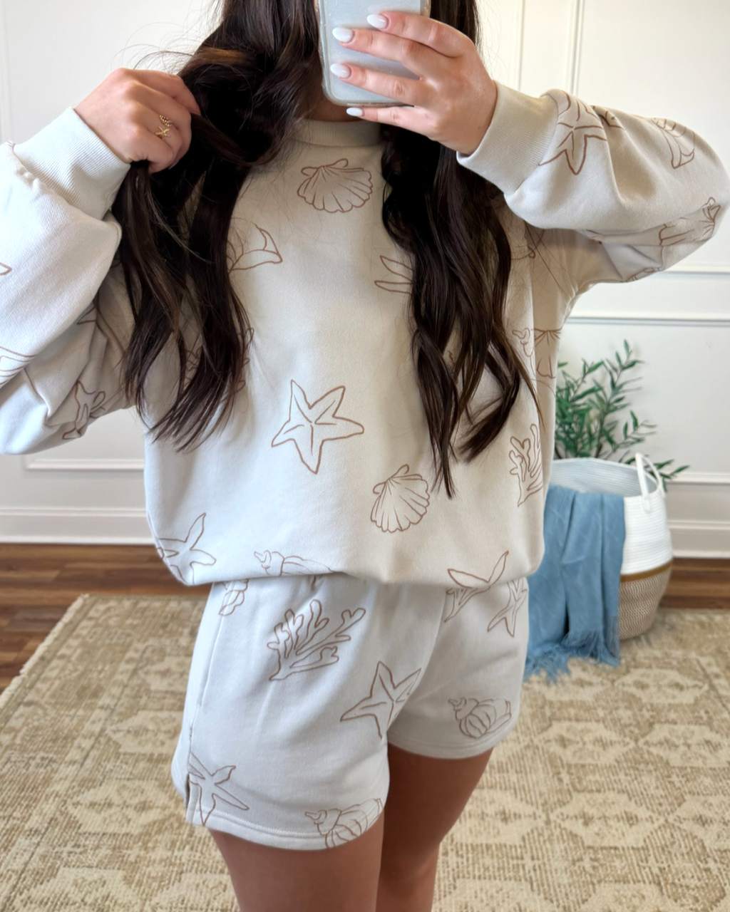 Seashell Motif Sweatshirt and Short Set - Beige - 1