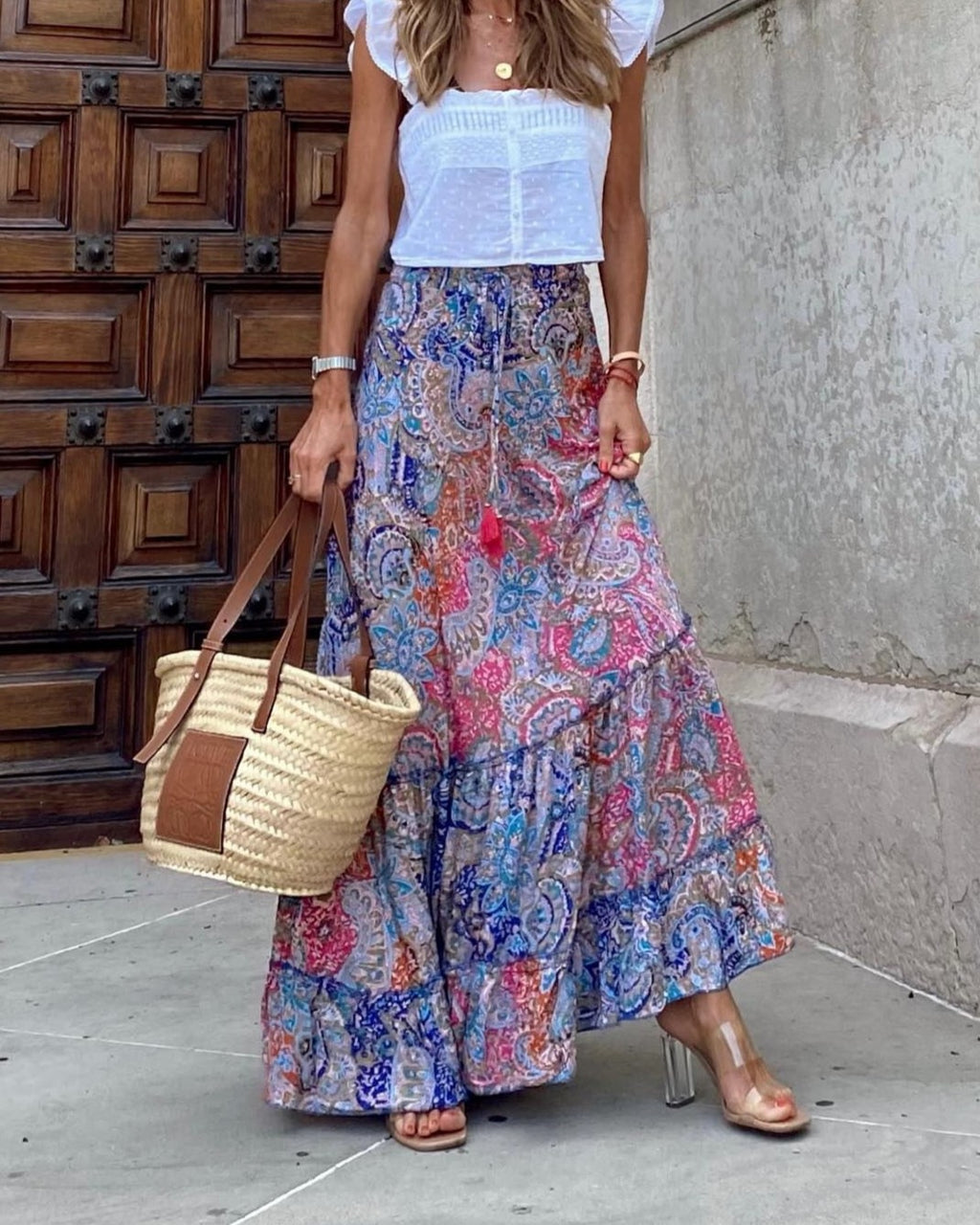 Watercolor Paisley Ruffle Tiered Maxi Skirt