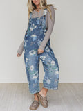 Watercolor Floral Denim Overalls with Slouchy Legs - Blue