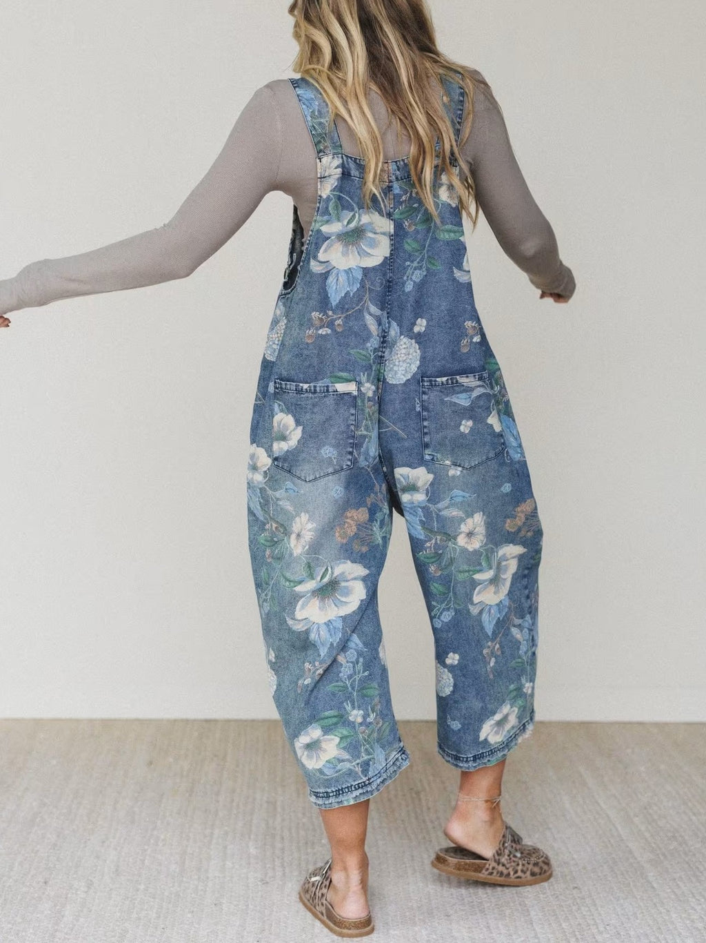 Watercolor Floral Denim Overalls with Slouchy Legs