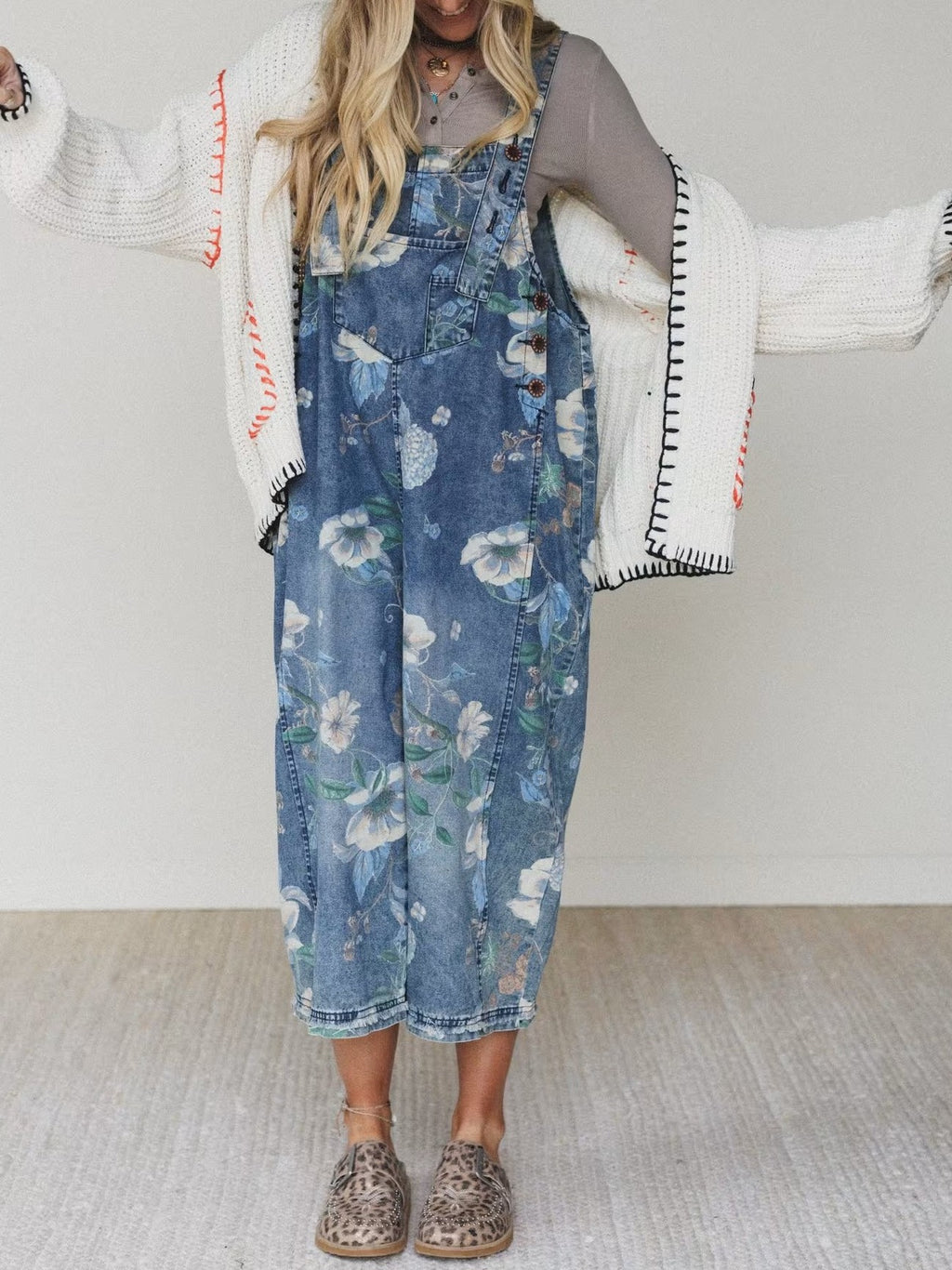 Watercolor Floral Denim Overalls with Slouchy Legs - view 1