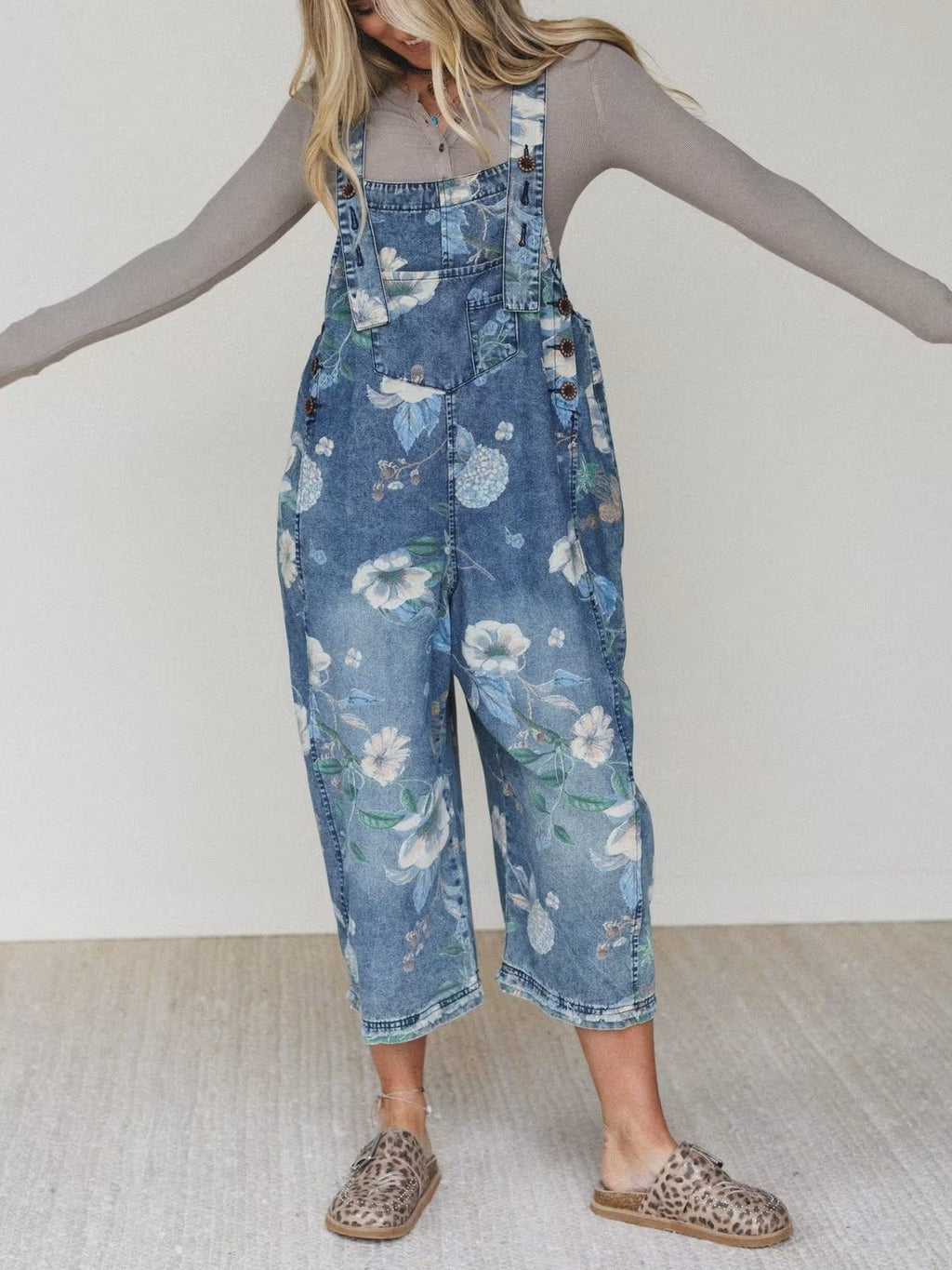 Watercolor Floral Denim Overalls with Slouchy Legs - view 2