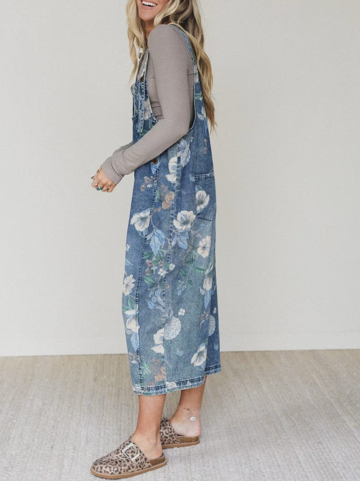 Watercolor Floral Denim Overalls with Slouchy Legs - view 3