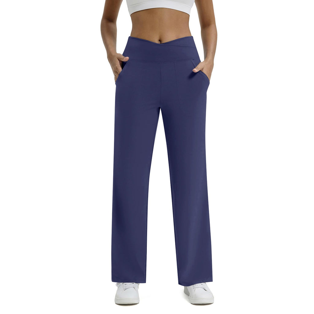 Crossover High Waist Wide Leg Yoga Pants With Pockets - Indigo