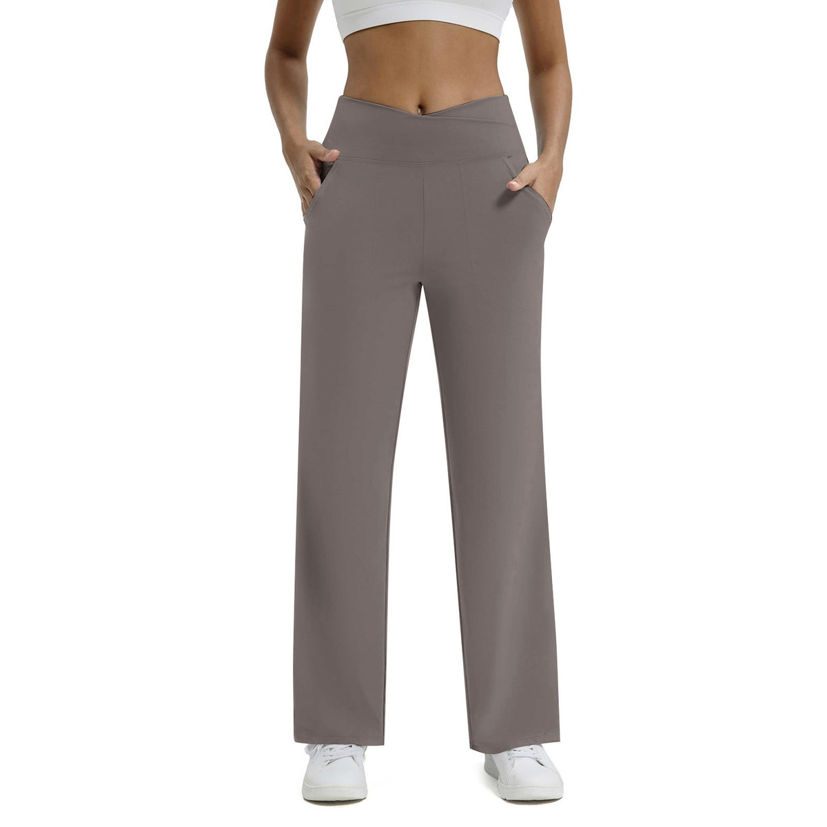 Crossover High Waist Wide Leg Yoga Pants With Pockets - Taupe