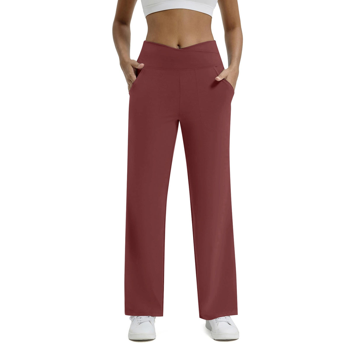 Crossover High Waist Wide Leg Yoga Pants With Pockets