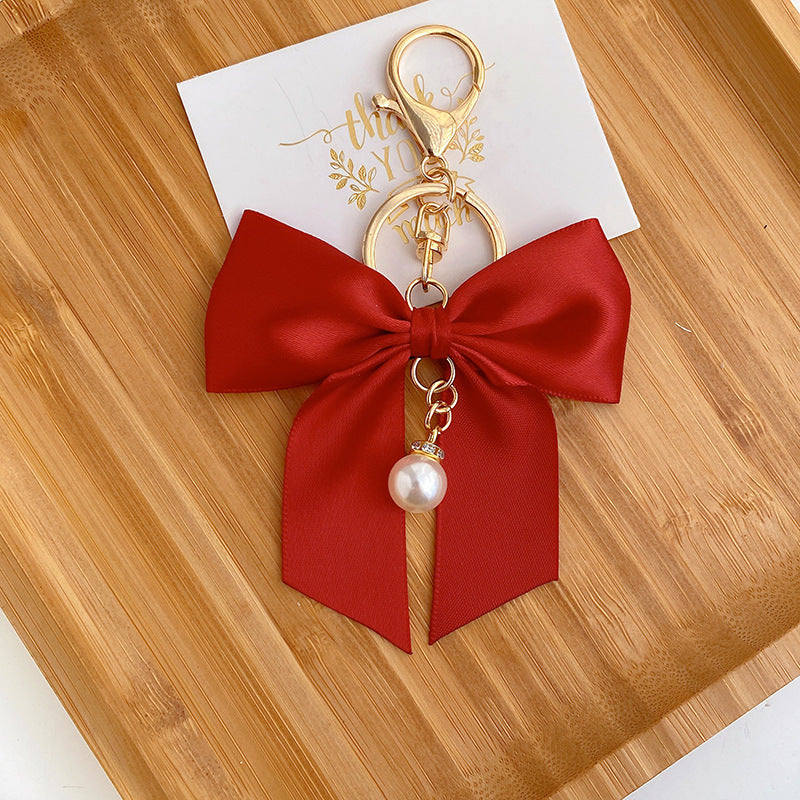 Coquette Satin Ribbon Bow Charm Keychain - P_WineRed
