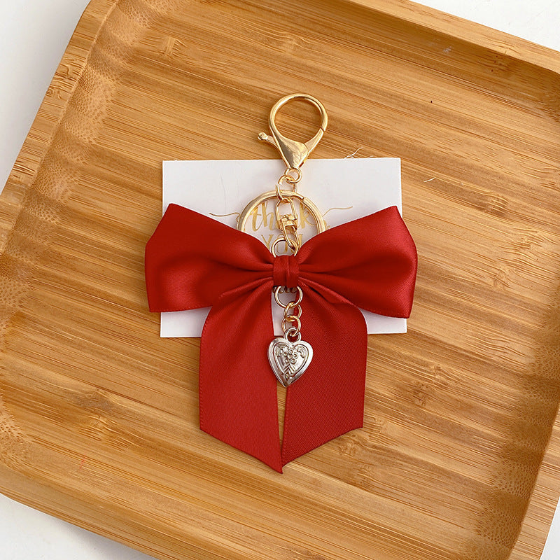 Coquette Satin Ribbon Bow Charm Keychain - Wine_Red