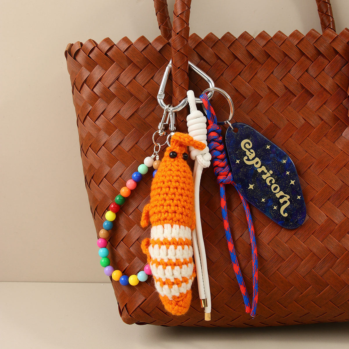 Crochet Lobster Keychain With Beaded Wristlet - Orange