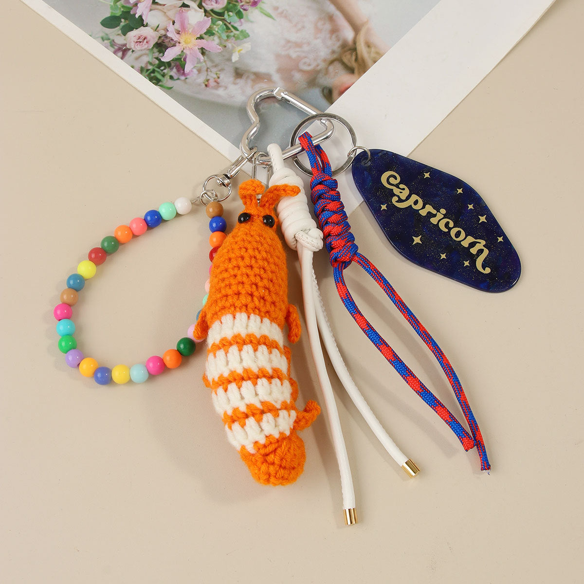 Crochet Lobster Keychain With Beaded Wristlet - Orange - 1