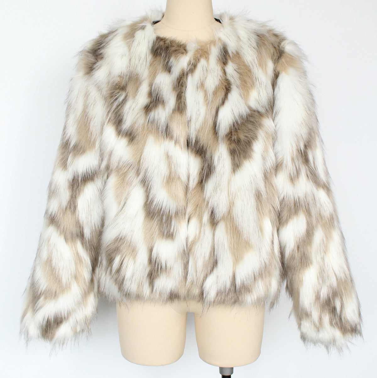 Marled Faux Fur Collarless Cropped Jacket - Apricot