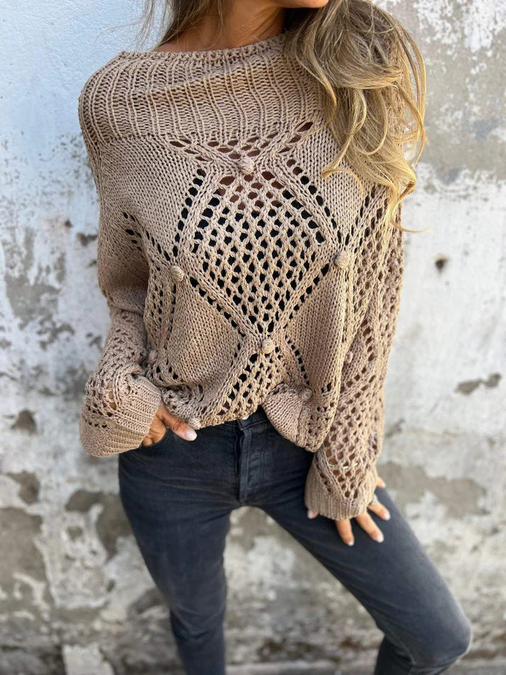 Open Pointelle Knit Slouchy Sweater - Khaki