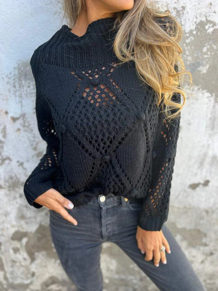 Open Pointelle Knit Slouchy Sweater - black