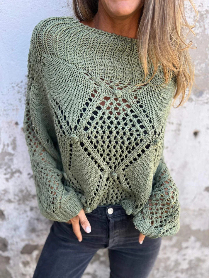 Open Pointelle Knit Slouchy Sweater - green