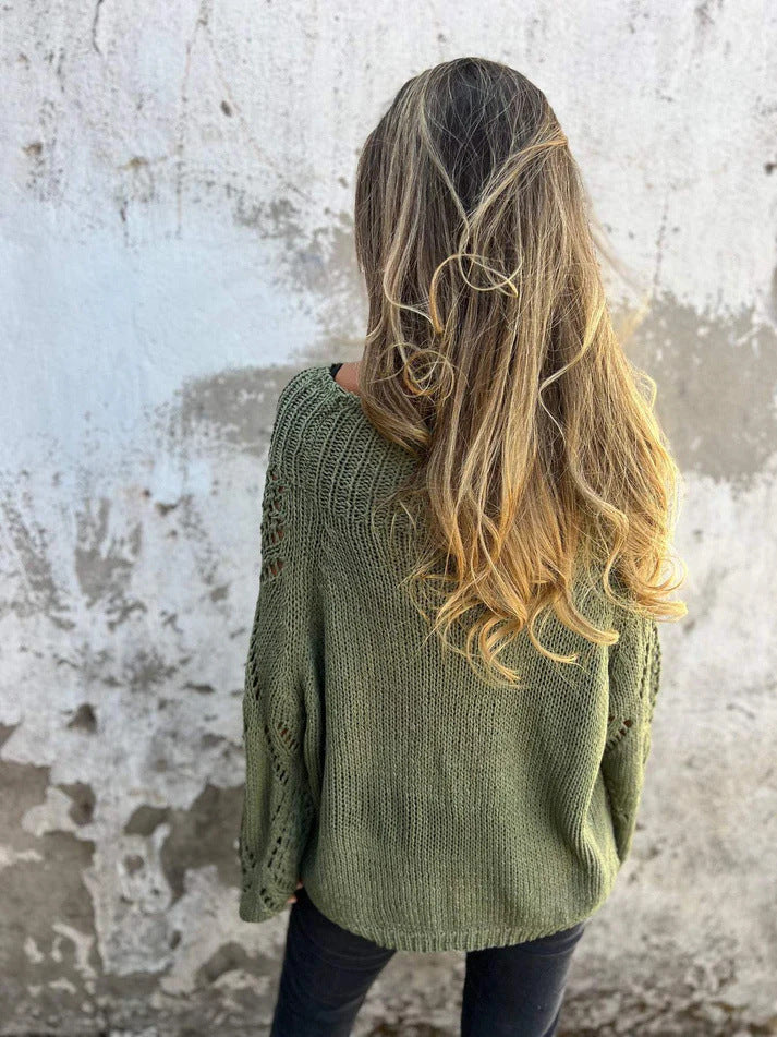 Open Pointelle Knit Slouchy Sweater - green - 1