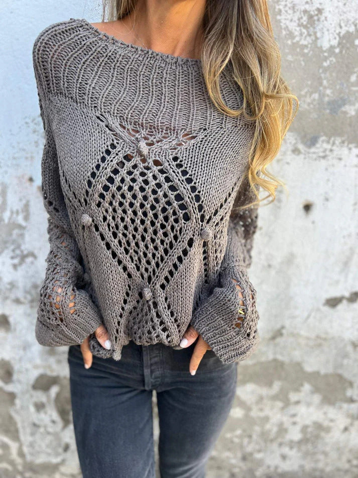 Open Pointelle Knit Slouchy Sweater - grey