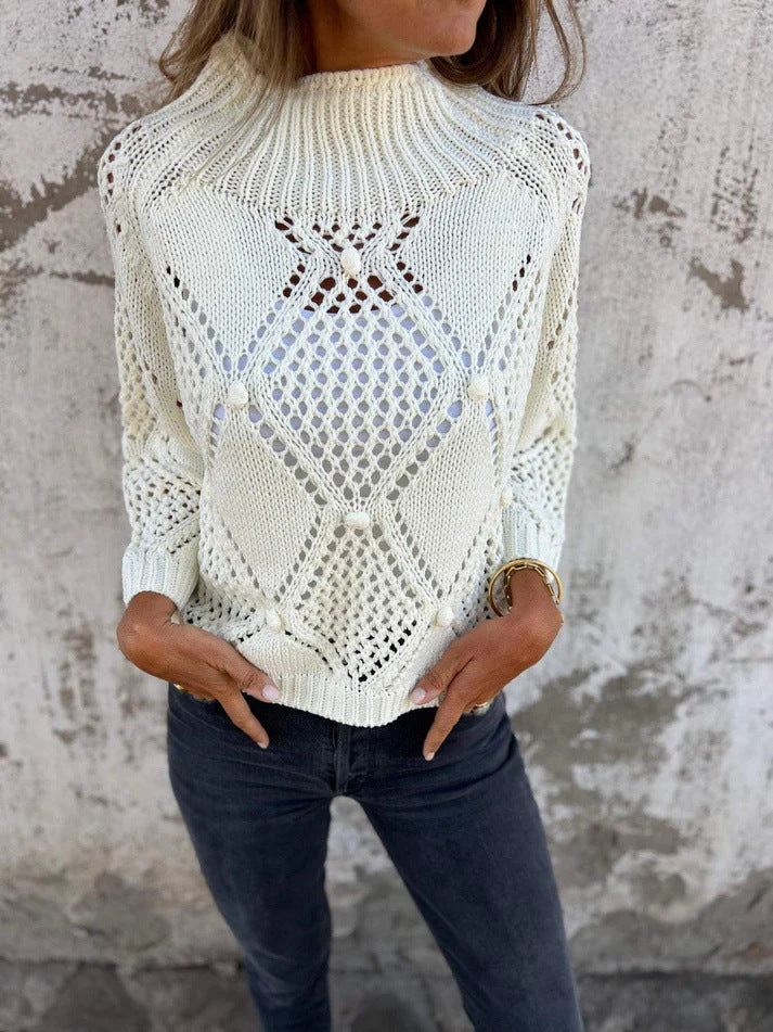 Open Pointelle Knit Slouchy Sweater - white