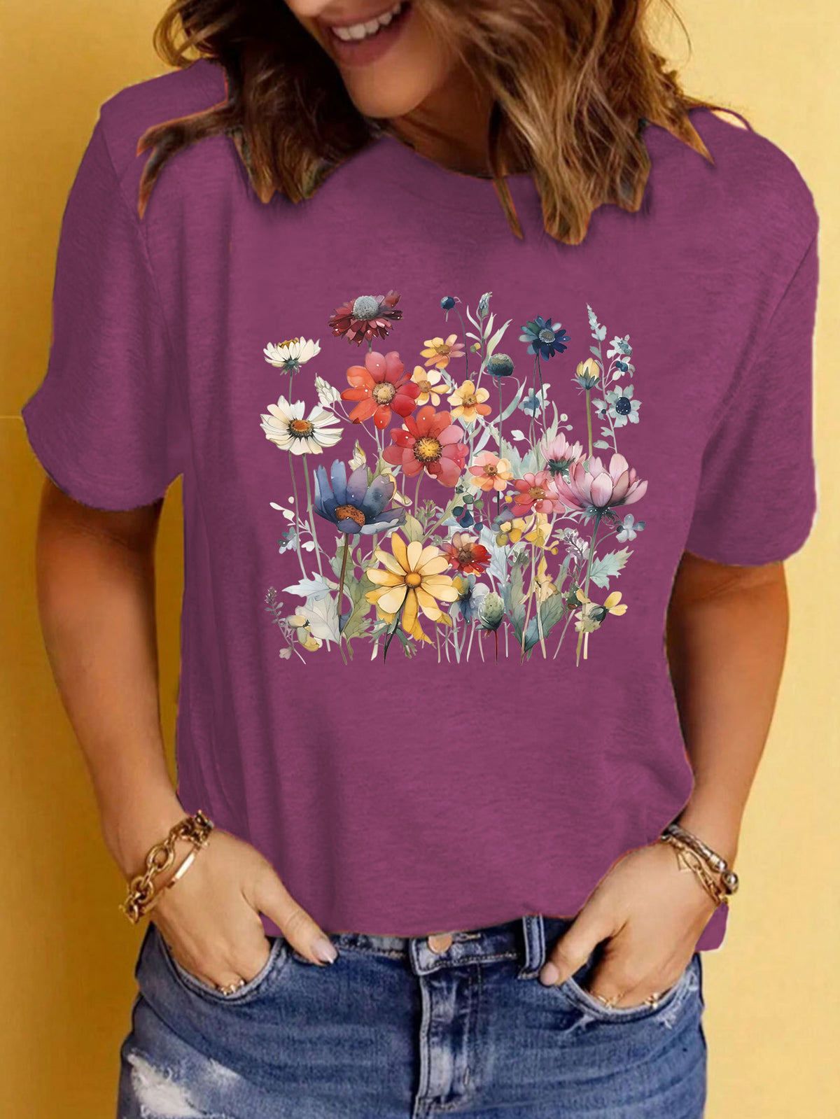 Watercolor Daisy Bouquet Graphic Tee - Berry