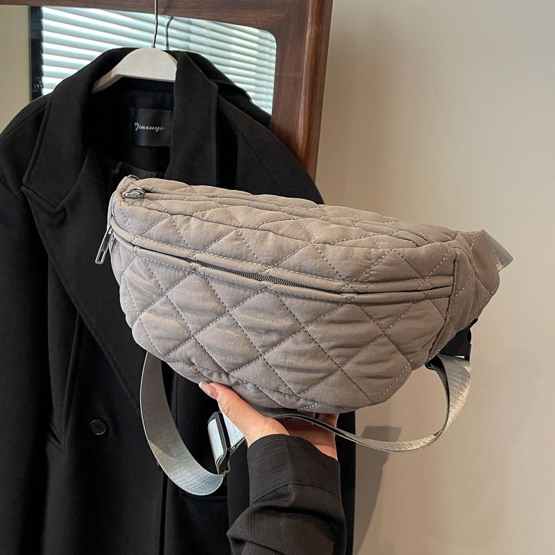 Quilted Puffer Sling Belt Bag - Gray