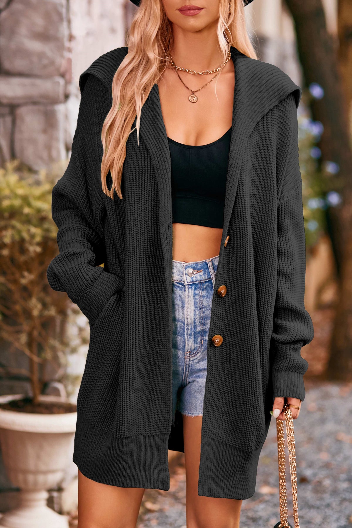 Oversized Shawl Collar Button Longline Cardigan - Black