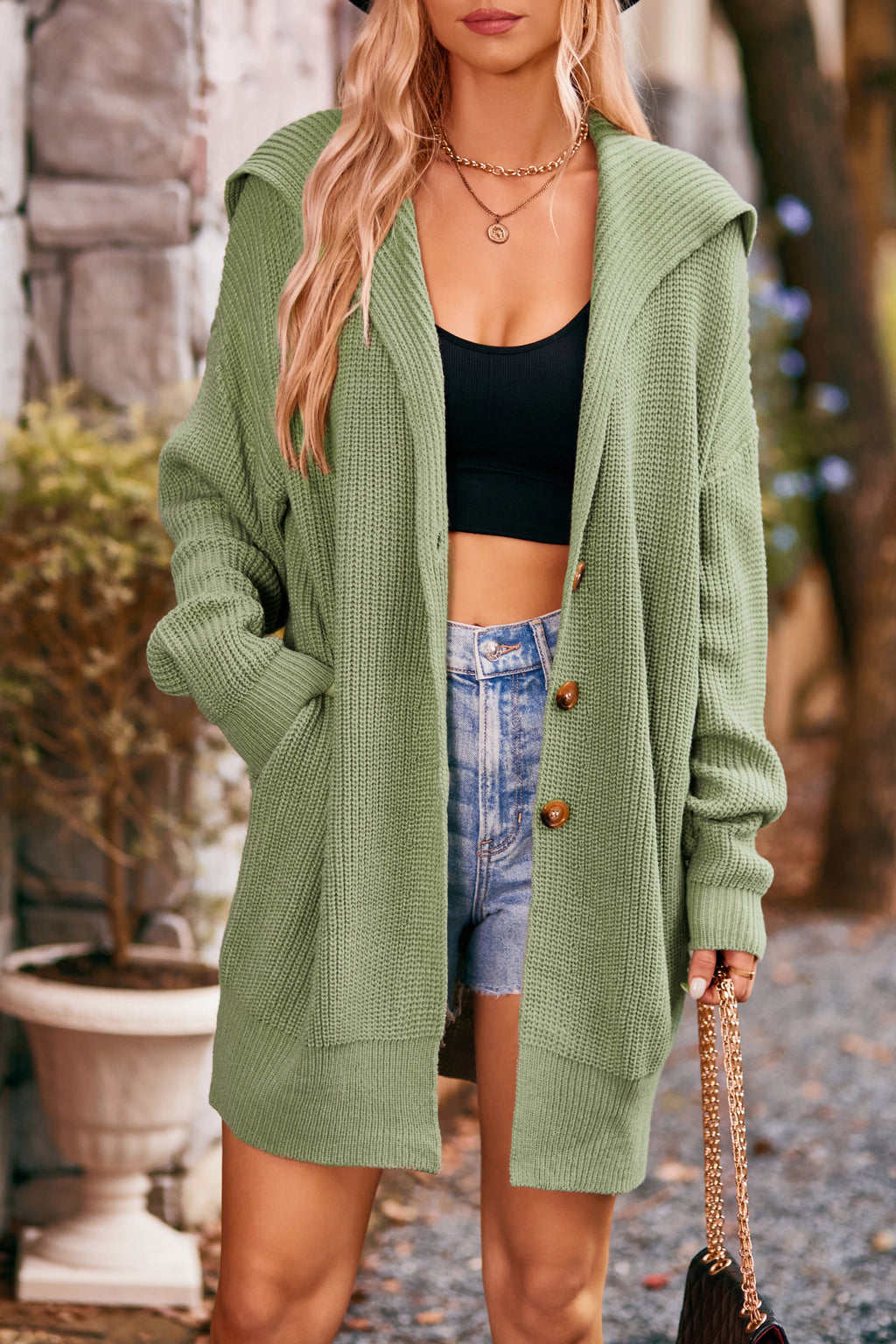 Oversized Shawl Collar Button Longline Cardigan - Green - 1