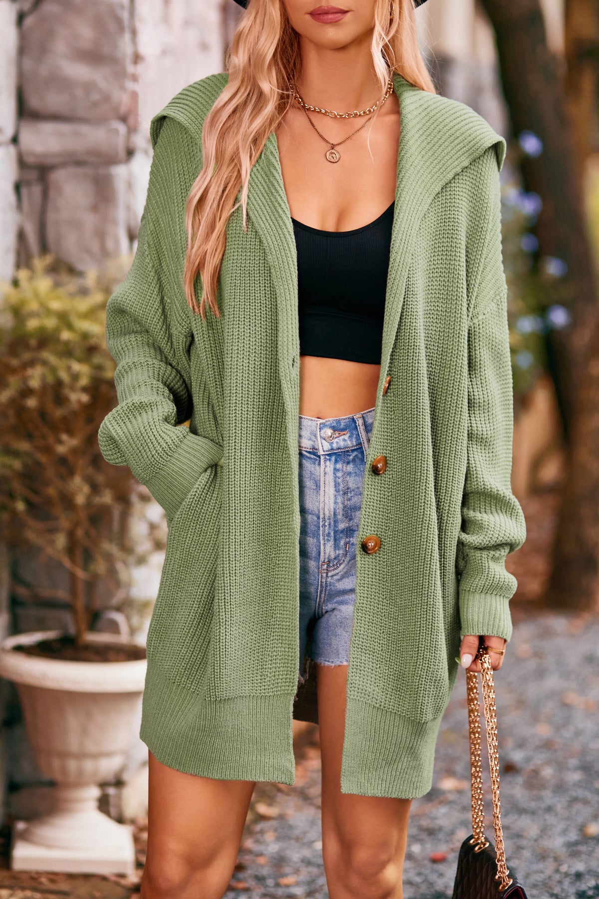 Oversized Shawl Collar Button Longline Cardigan - Green - 1