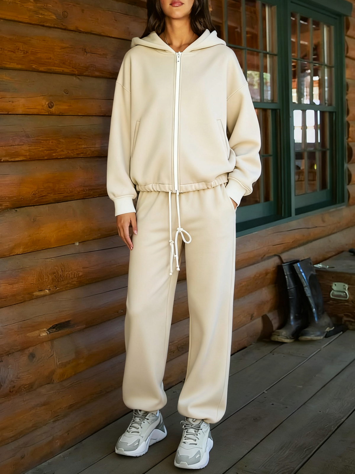 Oversized Zip Hoodie And Joggers Set - Apricot