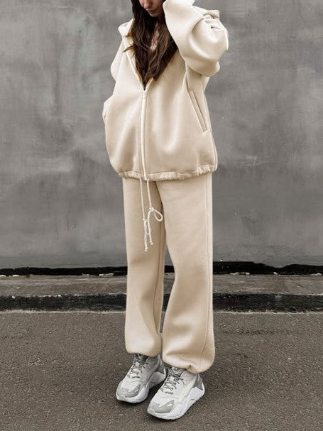 Oversized Zip Hoodie And Joggers Set - Apricot - 2