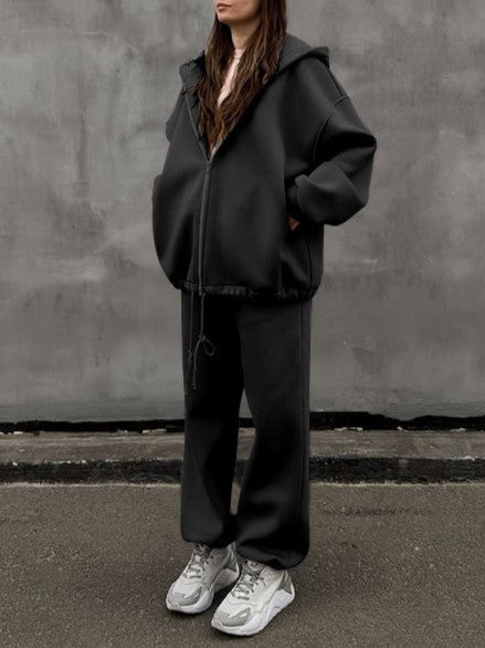Oversized Zip Hoodie And Joggers Set - Black