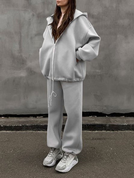 Oversized Zip Hoodie And Joggers Set - Gray
