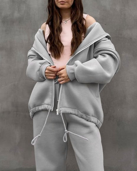 Oversized Zip Hoodie And Joggers Set - Gray - 1