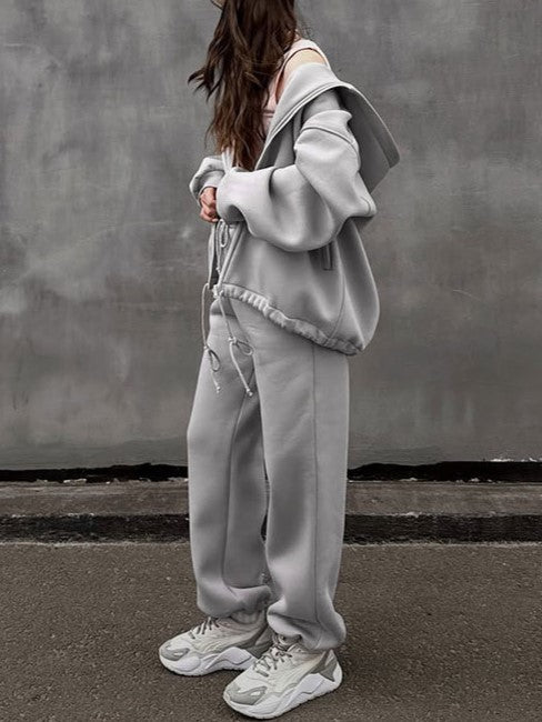 Oversized Zip Hoodie And Joggers Set - Gray - 2