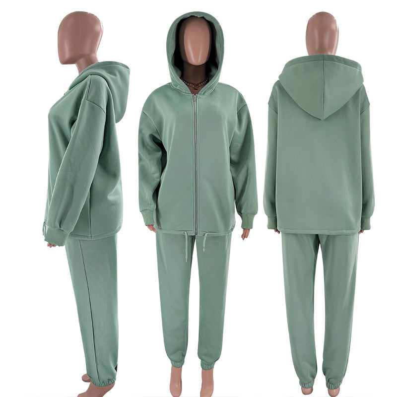 Oversized Zip Hoodie And Joggers Set - Green