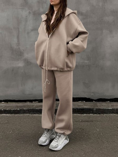 Oversized Zip Hoodie And Joggers Set - Khaki