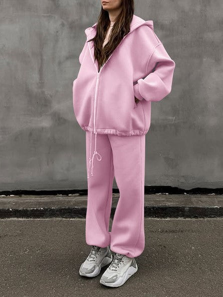 Oversized Zip Hoodie And Joggers Set - Pink