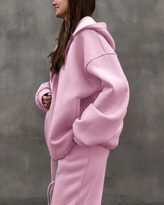 Oversized Zip Hoodie And Joggers Set - Pink - 2