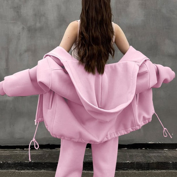 Oversized Zip Hoodie And Joggers Set - Pink - 3