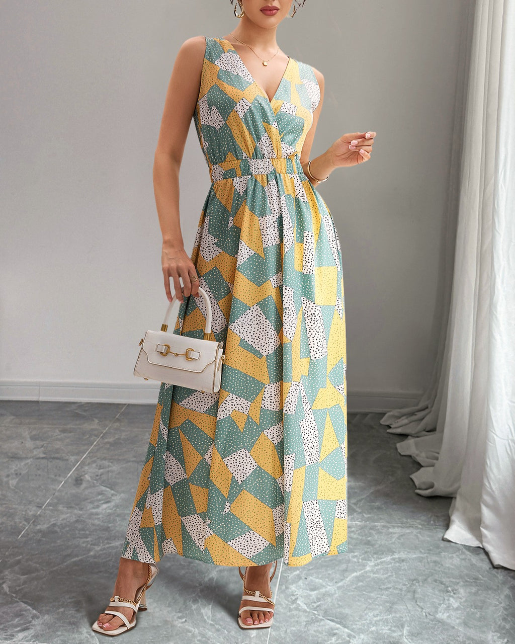 Geometric Mosaic Print Sleeveless Maxi Dress - Yellow
