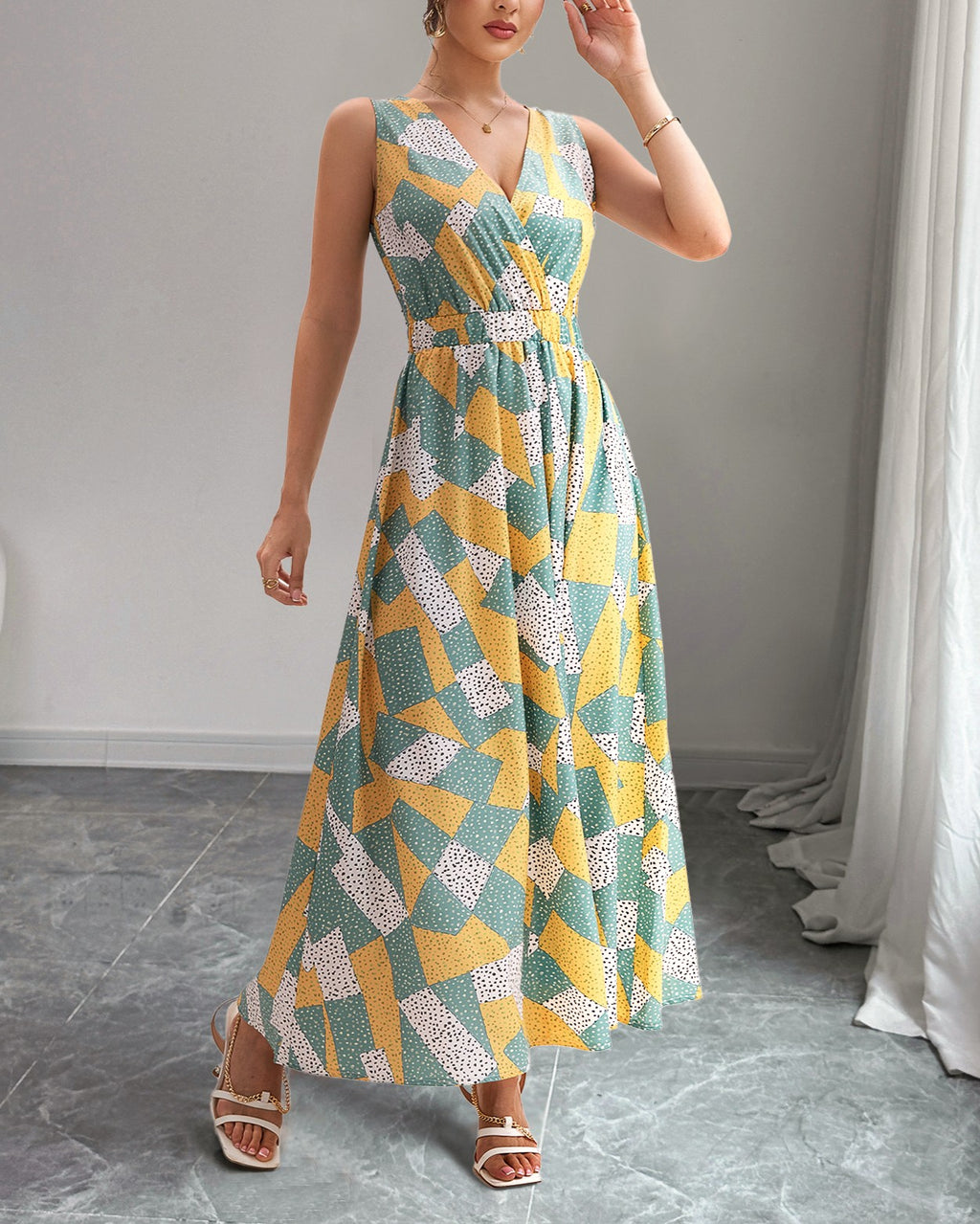 Geometric Mosaic Print Sleeveless Maxi Dress - Yellow - 1