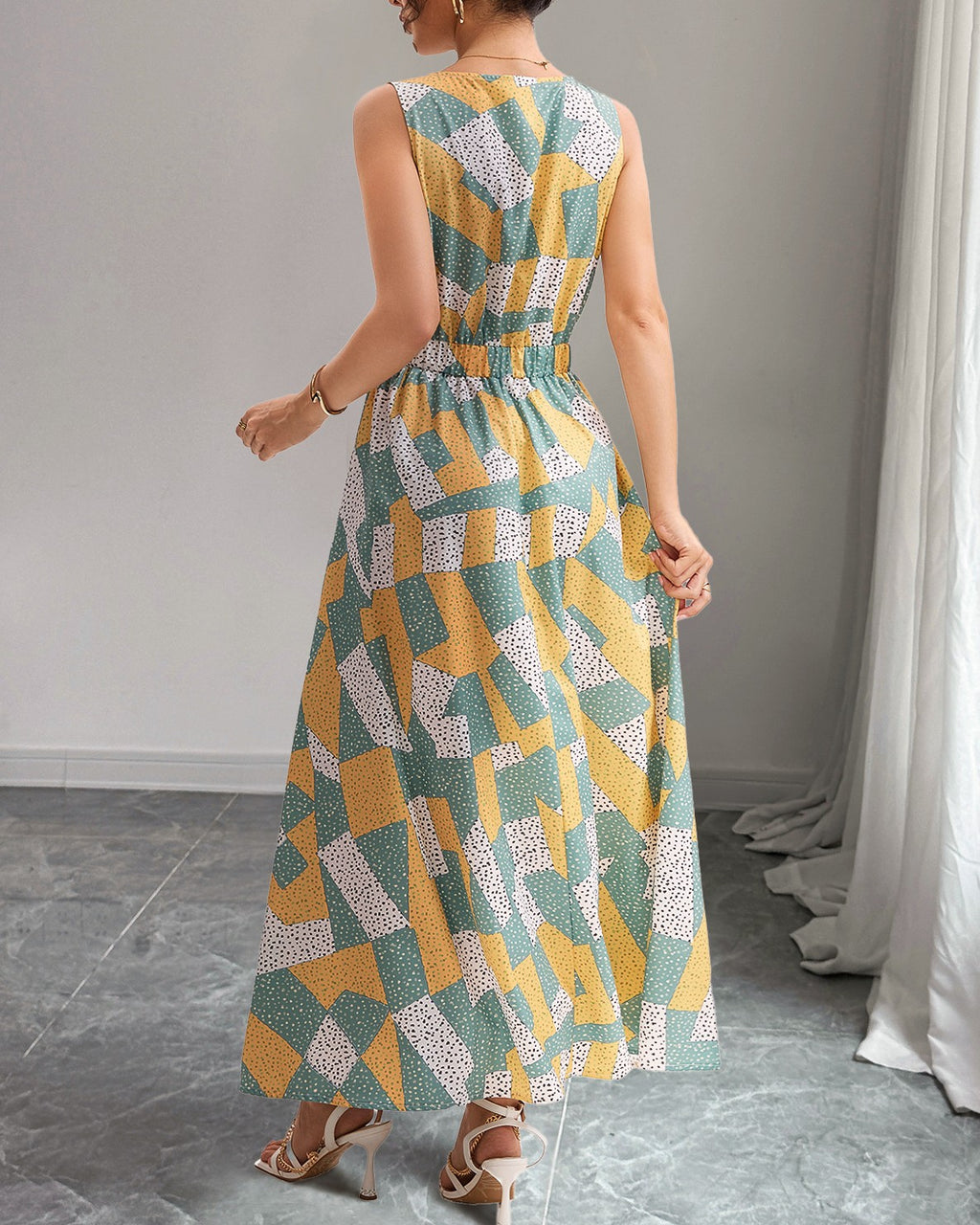 Geometric Mosaic Print Sleeveless Maxi Dress - Yellow - 2